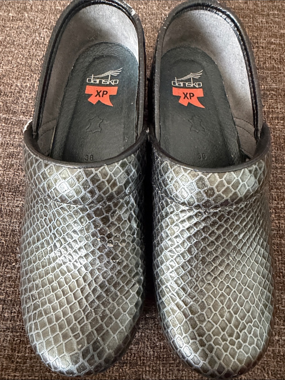 Dansko XP Metallic Pewter Snake-Print Slip-On Clogs